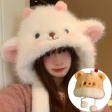 Daiiibabyyy  Cute Fluffy Fur Plush Ear Protection Cap Windproof Thick Keep Warm Headgear Cartoon Sheep Winter Warm Hat Women Fashion