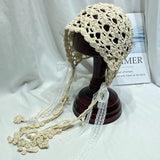 Daiiibabyyy  New Korea Bohemian Hand-woven Hollow Bucket Hats Women's Spring Summer Ins Lace Strap Lolita Hat Fringed Pullover Beanies Panama
