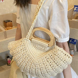 Daiiibabyyy  New Retro Fan-shaped Crochet Woven Underarm Bag for Women Ins Style Seaside Vacation Versatile Wooden Handle Shoulder Bag