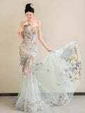 Daiiibabyyy  Floral Mermiad Long Wedding Dresses Women Elegant Strapless Sleeveless Formal Birthday Evening Party Dress Customized Prom Gowns