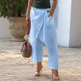 Daiiibabyyy  Women's Baggy Pants Cotton Linen Harem Trousers High Waist Wide Leg Pants Wrap Front Cropped Solid Color White Olive Green Pants
