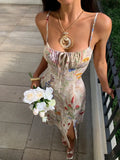 Daiiibabyyy  Women's Floral Print Slit Strap Midi Dress Summer Casual Beach Holiday Resort