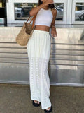 Daiiibabyyy  Elegant Simple Vacation Trouser Casual Solid Color Lace Hollow Out Long Pants Summer Fashion Elastic Waist Women's Commute Pants