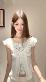 Daiiibabyyy  White Slim Korean Artistic Cute Milk Top Women Summer Contrasting Color Splicing Fake 2 Piece Floral Short Sleeve Shirt