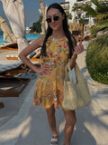 Daiiibabyyy  Elegant O-neck Sleeveless Ruffle Trim Dress Fashion Yellow Floral Printed Mini Dress For Women Lady Beach Holiday Vestidos