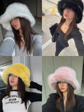 Daiiibabyyy  Ins Bright Yellow Imitation Mink Fur Bucket Hats Women Winter Fluffy Plush Basin Caps Female Advanced Warm Sun Panama Korea New