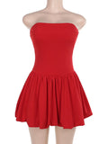 Daiiibabyyy Fashion Ruffle Backless Mini Dress Women's Solid Color Pleated Tube Top Dress A Line Summer New Women's Party Mini Dress