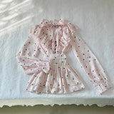 Daiiibabyyy  New Elegant Pink Polka Dot Heart Print 2 Piece Set Women Sweet Long Sleeve Tops + Mini Skirts French Chic Korean Popular Clothes