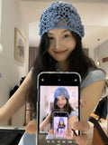 Daiiibabyyy  Women's Hats Y2k Caps Haze Blue Korean  Version Hand Crocheted And Hollowed Out Flower Shaped Cap Pile Pile Cap Sweet Cool Cap
