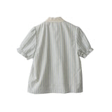 DAIIIBABYYY  -  Sweet Girl Lace Spliced Bow Vertical Striped Short-sleeevd Shirts + Summer High Waist Fungus Edged Short Skirts Two-piece Set