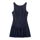 Daiiibabyyy  Sexy O collar Denim Mini Tank Dress Women Backelss Low Waist Lined Ruched Hem Swing Sleeveless Dresses Summer Robe Vestidos