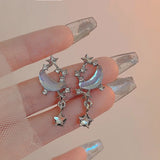 Daiiibabyyy  New Sparkling Asymmetric Star Earrings for Women Waterdrop Tassel Chain Moonstone Planet Star Y2K Jewelry Gifts