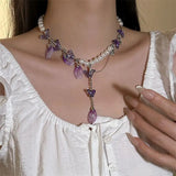 Daiiibabyyy  Purple Crystal Butterfly Acrylic Petal Tassel Pearl Necklace Women Light Luxury Choker Y2K Jewelry Gifts for Her