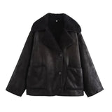 DAIIIBABYYY  -  Women Retro Faux Leather Jacket Solid Lapel Long Sleeve Single Breasted Pockets Padded Warm Outwear Fall Winter Chic Coat