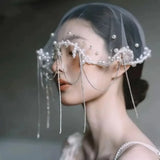 Daiiibabyyy  Vintage Pearls Beads Brides Veil Tassels White Wedding Veils Tulle Short Bride Head Gauze Headdress