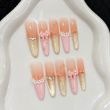 Daiiibabyyy  10pcs Shimmry Gold Cat's Eye Press On Nails Peach Pink French Pearl Skirt Hem Bowknots Handmade False Nail Long Almond Fake Nail
