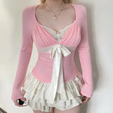 Daiiibabyyy  Fashion Sexy Sweet Bow Tie with Pink Long Sleeved T-shirt Slim Fit Slimming Spicy Girl Base Top