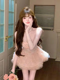 Daiiibabyyy  Sweet Elegant Slim Thin Sling Dress Fashion Warm Design Off Shoulder Bow Dresses Women Pretty Fairy Pink Cake Short Dresses