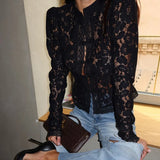 Daiiibabyyy  Lace Blouse Crochet Slim Fit Blouse Stand Collar Elegant Commuter Shirt Cute Feminine Breathable Button Down Stylish Shirt