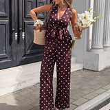 Daiiibabyyy  Women Casual Sleeveless Hight Waist Long Pant Sets Retro Polka Dot Summer Outfits Sexy Deep V-neck Tops & Wide Legger Pant Suit