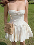 Daiiibabyyy  beige short party dress sleeveless straps sexy women dress pleated smocked back elegant summer dress ladies