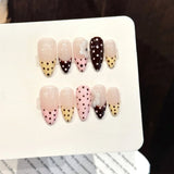 Daiiibabyyy  10pcs Vintage Almond Press On Nails With 3D Polka Dot Flower Design Pink Yellow Brown Sweet Pattern Handmade Fake Nail For Women