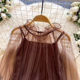 Daiiibabyyy  New Korean 2 Piece Sets See Through Ruffled Cropped Blouse + Sexy Solid Vest Suit Roupas Femme Fashion Solid Color Y2k Outfits