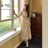 Daiiibabyyy  French Tea Break Floral Chiffon Long Dress Women's Autumn Winter New Style Beautiful Waist Cinching Maxi Skirt V-neck