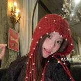 DAIIIBABYYY  -  Korean Autumn and Winter Hand-crocheted Fringed Pearl Pullover Knitted Hat Warm Ear Protector Strap Skull Beanie Cap for Women's