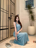 Daiiibabyyy  Elegant Blue Gown Women's Summer Slimming Long Dress Folded Waist Cinched Strapless Dress Polished Look Polyester Fabric