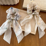 Daiiibabyyy  1PC Chiffon Scrunchies with Bow & Pearl: Watercolor Print Hair Ties for Women, Elegant Hair Accessories for Daily & Party Looks