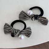 DAIIIBABYYY  -  Celebrity Classic Style Striped Pearl Bow Black and White Color Matching Towel Ring Hair Band Texture Hair Rope Hair Accessories