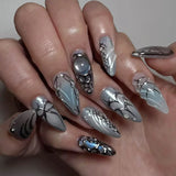 Daiiibabyyy  24Pcs Mid-length Almond Press on Fake Nails Blue Pink Gradient Butterfly False Nails Heart Gilded Silver Reusable Manicure Tips