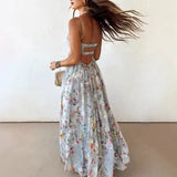 Daiiibabyyy  Sexy Low Cut Halter Floral Printed Dress Elegant Sleeveless Hollow Out Pleat Dress Summer New High Waist Backless Evening Dress
