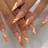 Daiiibabyyy  24Pcs Long Stiletto Press on Fake Nails White Gradient French False Nails with 3D Flower Pearl Detachable Full Cover Nails Tips