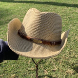 Daiiibabyyy  Vintage Summer Western Cowboy Hats Wide Brim Vacation Straw Cowgirl Hat Hiking Travel Sunscreen Visor Cap Outdoor