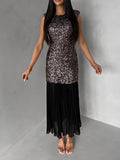 Daiiibabyyy  O-neck Sparkly Sequins Party Long Dress Women's Fashion Patchwork Waist Slim Maxi Dress Casual Sleeveless Birthday Evening Gowns