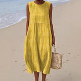 DAIIIBABYYY  -  Vestidos Mujer Casual Round Neck Vacation Dress Spring Print Pocket Pleated Long Dress New Summer Sleeveless Tank Womens Dresses