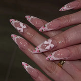 Daiiibabyyy  24pcs Pink Long Pointed Fake Nail Tips 3D Transparent Bowknots Rhinestone Decor Press On Nails Sweet French Style False Nail
