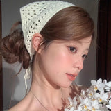 Daiiibabyyy  French Hollow Triangle Headband Towel For Women Beige Crochet Headbands Bandana Summer Travel Literary Photo Hair Scarf Bands
