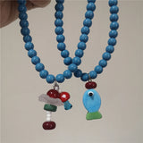 DAIIIBABYYY  -  Trendy Summer Y2K Blue Ceramic Fish Red Mushroom Cute Beads Necklace Women Girls Aesthetic Beach Jewelry Emo Accessories
