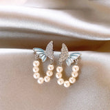 Daiiibabyyy  Exquisite White Imitation Pearl Beaded Tassel Pendant Earrings for Women Fashion Butterfly Inlaid Rhinestone Earrings Jewelry