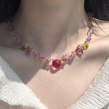 Daiiibabyyy  Bohemian Pink Waterdrop Handmade Beaded Flower Pendant Necklace Sweet Summer Girl y2k Jewelry