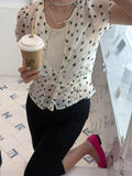 Daiiibabyyy  Fashion Polka Dot Sheer Short Sleeve Blouse Women Elegant Casual Versatile Retro Crop Tops Lady Daily Commute Streetwear