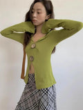 DAIIIBABYYY  -  Elegant Women's T-shirt Long Sleeve Korean Fashion Streetwear Button Slim Spring V-neck Autumn Tops Chic Tees Female Y2k