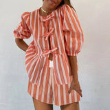 Daiiibabyyy  Elegant Crew-Neck Short Sleeve Blouse&Shorts Suit 2025 Women All Match Vacation Set Summer Striped Patchwork 2Pcs Loose Outfits