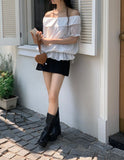 DAIIIBABYYY  -  2025 Korean Chic Summer New Style Romantic Texture Temperament Off Shoulder Ruffle Edge Short Sleeved Shirt Top
