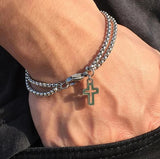 Daiiibabyyy  Men's Fashion Double Chain Cross Hollow Wrist Bracelets Lobster Claw Clasp Stainless Steel Bracelet Hip Hop Punk Party Jewelry.
