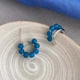 Daiiibabyyy  Blue Glass Beads Silver C-shaped Stud Earrings Temperament Vintage Earrings for Women Daily Party Fashion Jewelry