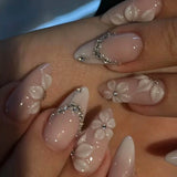 Daiiibabyyy  24Pcs French White Gradient Almond Press on Nails Flower Pattern False Nails with 3D Rhinestone Design Fake Nail Art